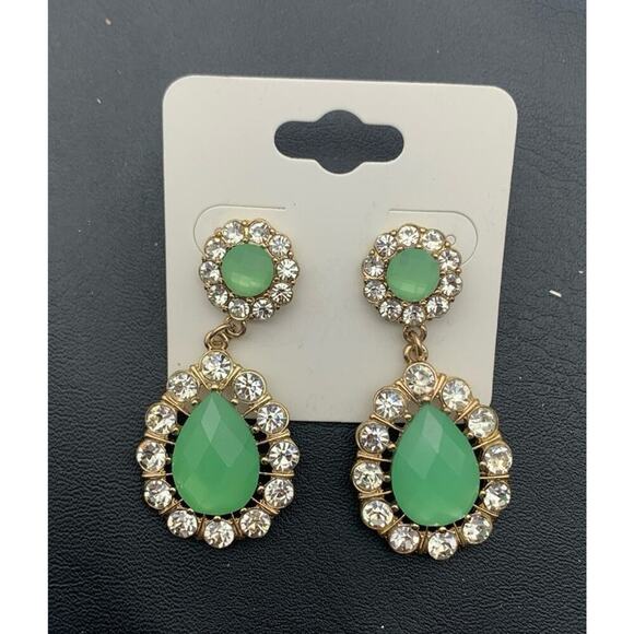 Beautiful Gold Tone & Faceted Jade Green And Clear Rhinestone Pierced Earrings - Picture 1 of 4